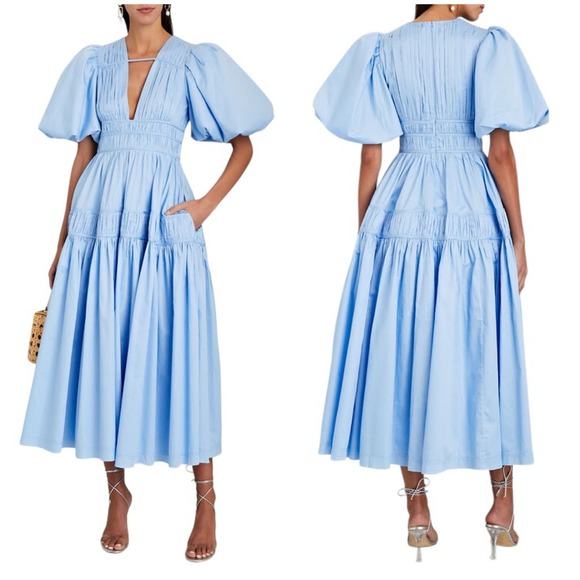 AJE NWOT Fallingwater Gathered Midi Dress Blue Size 8 (US 4) Tiered Pleated Puff - Picture 1 of 13